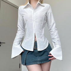 Button Front Long Sleeve Blouse