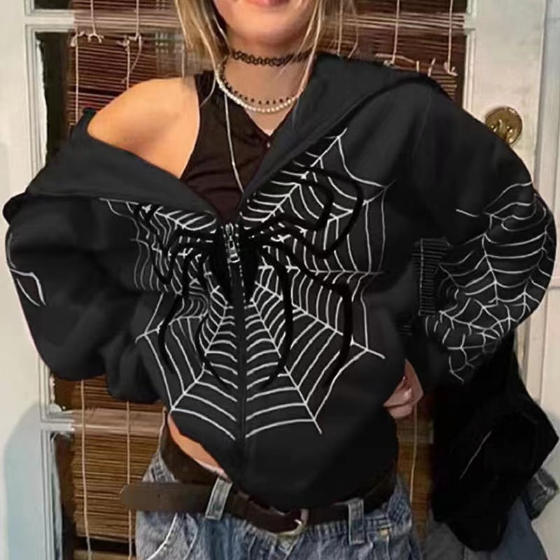 Spider Print Zip Up Hoodie Evael