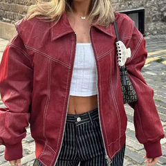 Stitching Details Oversized Leather Jacket