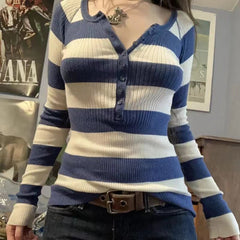 Striped Button Up Ribbed Knit Top