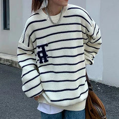Striped Letter Embroidery Print Pullover Sweater