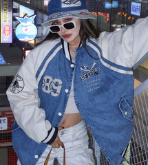 Toweling Embroidered Baggy Denim Varsity Jacket