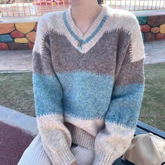 V-Neck Color Block Striped Sweater