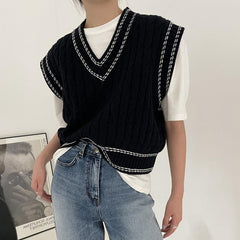 V Neck Stitched Cable Knit Sweater Vest
