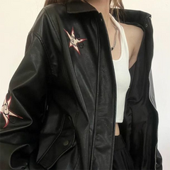 Vintage Embroidered Star Pu Leather Jacket