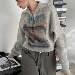 Vintage Print Half Zip Sweater