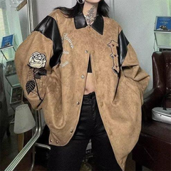 Vintage Suede Leather Splice Embroidery Loose Jacket