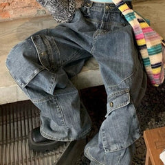 Washed Irregular Pocket Splice Cargo Jeans