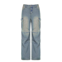 Washed Shirring Flap Pocket Cargo Jeans