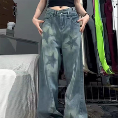 Washed Star Print Loose Jeans