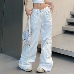 White Big Pocket Splice Mopping Cargo Boyfriend Jeans