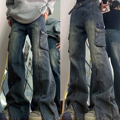 Zip Up Cargo Pocket Straight Leg Washed Jeans