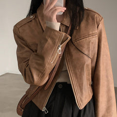 Zip Up Lapel Neck Leather Short Jacket