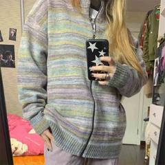 Zip Up Striped Knit Cardigan