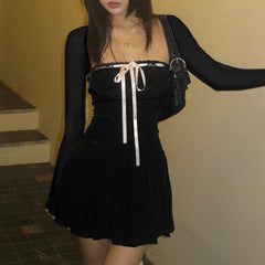 Mesh Splice Bow Decor Trumpet Sleeve Mini Dress