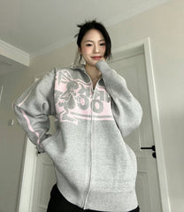 Rabbit Print Oversized Zip Up Cardigan