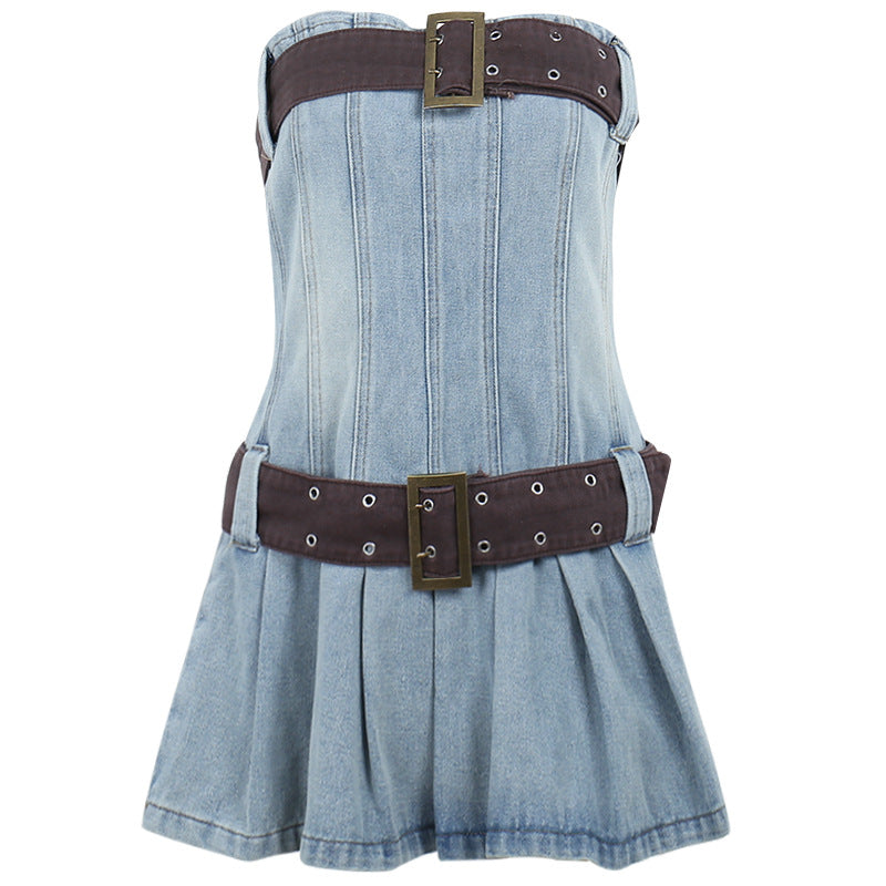 Buckle Belt Strapless Denim Mini Dress