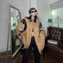 Vintage Suede Leather Splice Embroidery Loose Jacket
