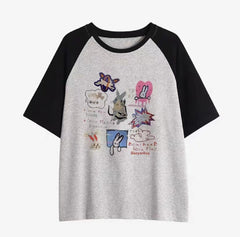 Cartoon Print Raglan Short Sleeve Tee