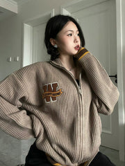 Logo Embroidery Zip Up Knit Cardigan