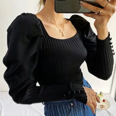 Square Neck Puff Sleeve Knitted Bodysuit