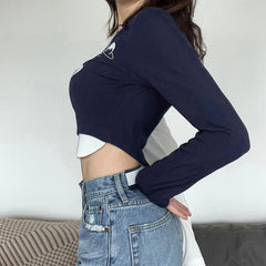 Logo Graphic Patchwork Long Sleeve Crop Top