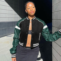 Pu Leather Paneled Cropped Varsity Jacket