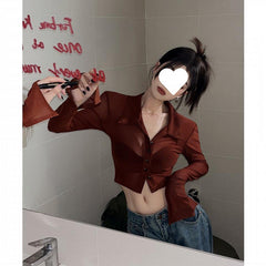 Button Front Cropped Sheer Long Sleeve Blouse