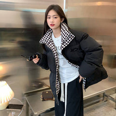Checkered Collar Zip Up Padded Jacket