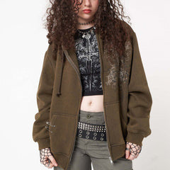 Vintage Totem Print Zip Up Hoodie