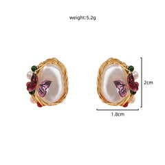 Pure Hand-made Copper Wire-wound Pearl Butterfly Earrings