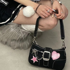 Butterfly Chain Detail Star Buckled Denim Shoulder Bag