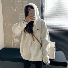 Letter Embroidery Baggy Zip Up Hoodie