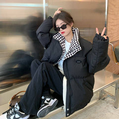 Checkered Collar Zip Up Padded Jacket