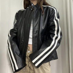 Vintage Side Striped Pu Leather Jacket