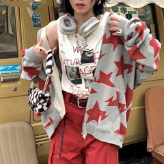 Oversized Star Print Zip Up Hoodie