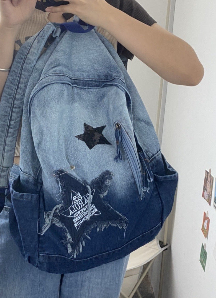 Vintage Star Patch Gradient Denim Backpack