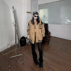 Vintage Suede Leather Splice Embroidery Loose Jacket