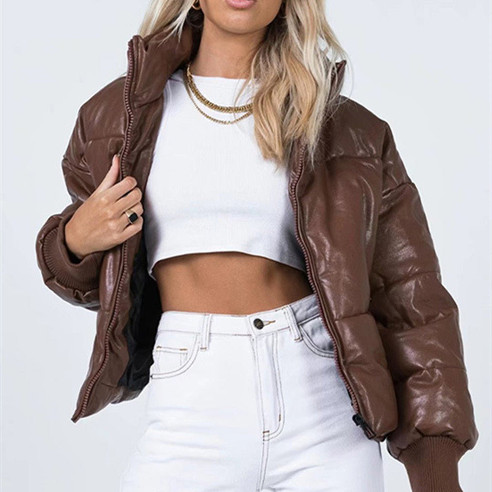 Zipper Pu Leather Puffer Jacket