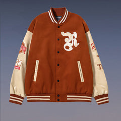 Embroidery Pu Leather Paneled Varsity Jacket