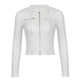 White Zip Up Hooded Cropped Knit Top