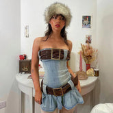 Buckle Belt Strapless Denim Mini Dress