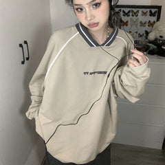 Print V Neck Patchwork Sweatshirt