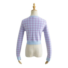 Checkered Button Front Knit Crop Cardigan