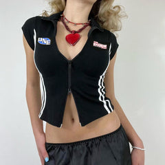 Lapel Collar Contrast Zip Short Sleeve Tee