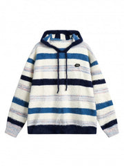 Preppy Contrast Color Stripe Fuzzy Hooded Sweater