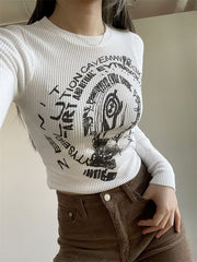 Vintage Print White Cropped Knit Top