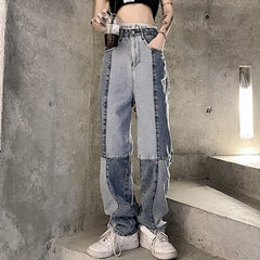 Harajuku Style Retro Colorblock High Waist Jeans