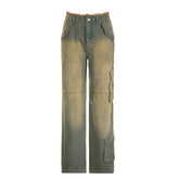 Distressed Raw Edge Asymmetric Design Cargo Jeans