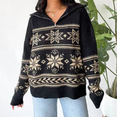 Vintage Snowflake Print Zip Up Sweater